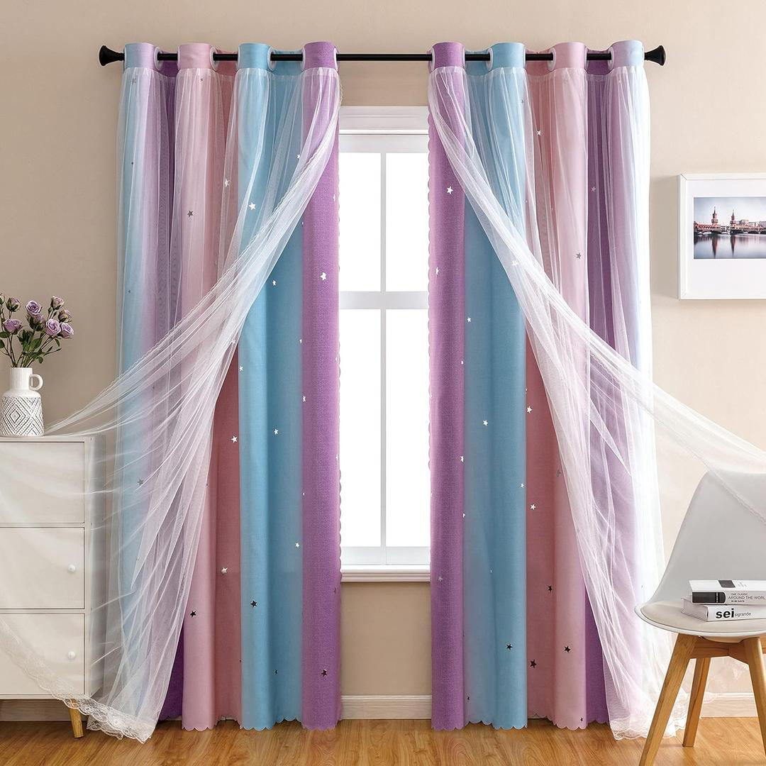 XiDi Dream Star Blackout Curtains for Kids Rooms Girl Princess Curtain for Daughter Bedroom Window (Pink Purple, W34 X L84)