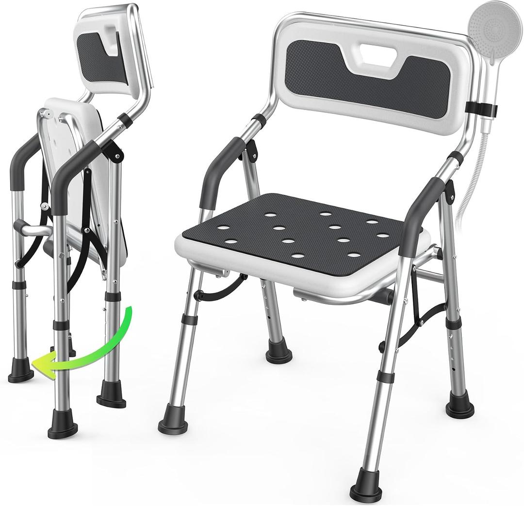 Foldable Shower Chair for Inside Shower with Arms and Back, Shower Chair for Elderly and Disabled with Adjustable Height,Folding Bath Chairs for Seniors,Quick-Assembly & Comfortable