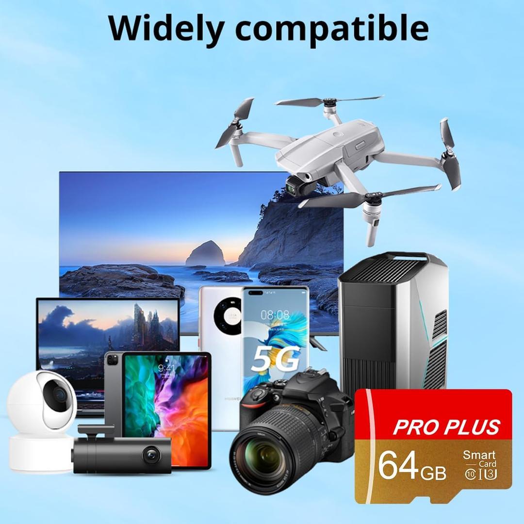 1 Pack Memory Card 64GB with Adapter, High Speed TF Card, UHS-I C10 A1 Memory TF Card for Tablet/Mobile Phone/Camera/Car Audio/Game Console (TF162 Red Gold 64GB)