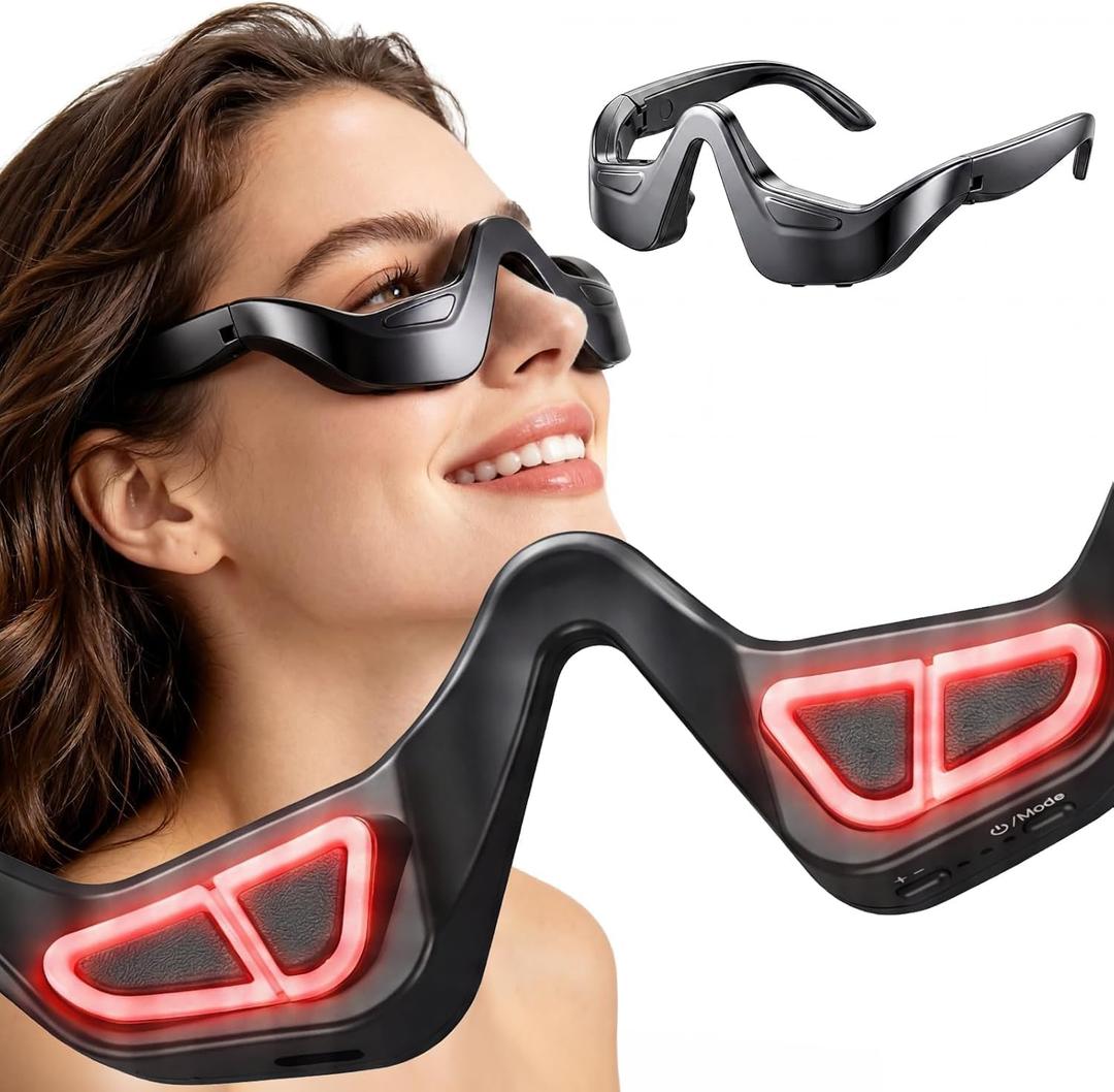 Under Eye Red Light Therapy, 4 Modes Red Light Under Eye Therapy Glasses Microcurrent Eye Massager, for Eye Bags Dark Circles Puffiness Wrinkles Fine Lines, Black