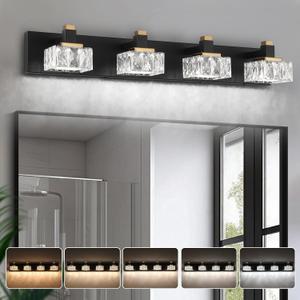 Bathroom Vanity Lights Over Mirror,4-Light Dimmable 5CCT Led Vanity Lights Black Gold Crystal Wall Sconce Lighting 29.92 inches Modern Vanity Light for Bathroom,Bedroom,Living room(3000K-6000K）