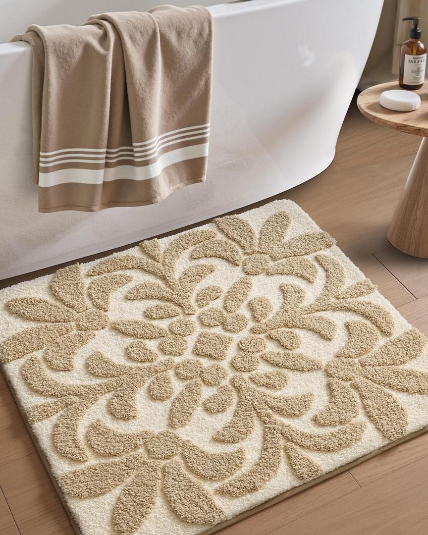 DEXI Bathroom Rug 31x31, Non Slip Washable Bath Mat, Absorbent Soft Microfiber Bathmat, Floral Plant Square Carpet for Shower Floor, Beige