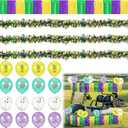 Mardi Gras Golf Cart Decoration Set - Purple Green Gold Tinsel Curtain, Tinsel Garland & Mardi Gras Themed Latex 12 Balloons for Carnival Parade Holiday Outdoor Party Supplies