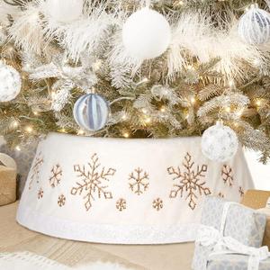 NIBESSER Christmas Tree Collar 30 Inches Plush Tree Skirt Ring with Silver Snowflake Tree Basket Plastics Sheets with Collar Cover Holiday Home Party Christmas Tree Decoration Xmas Ornaments (Snowy White/Strap)