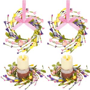 4 Pcs 9.5" Small Easter Wreaths for Cabinet Mini Spring Artificial Easter Egg Wreath with Forsythia Flowers and Ribbon Bow for Spring Kitchen Front Door Porch Window Wall Cabinet Decor