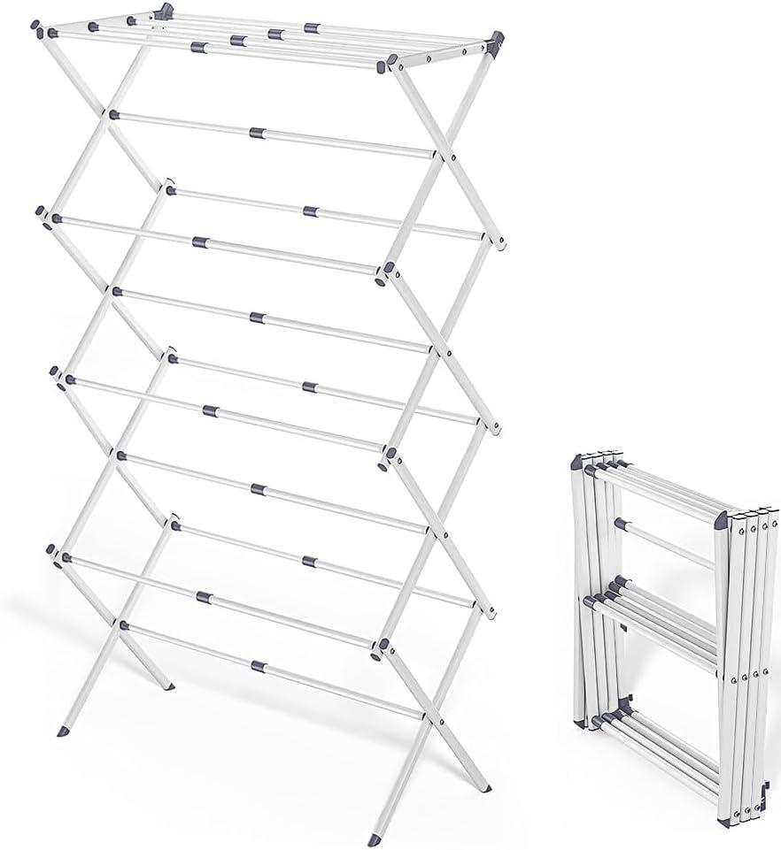 4-Tier Foldable Clothes Drying Rack with 4 Hangers, Portable Extendable Laundry Drying Rack for Indoor Air Drying Clothing 15" D x 29" W x 52" H, White