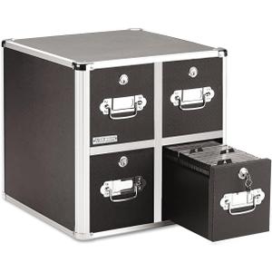 Vaultz CD Case Holder - File Cabinet CD Rack w/ 4 Drawers and Key Locks, 14 x 14.5 x 15.5 Inch DVD Organizer and CD Storage Box - Black