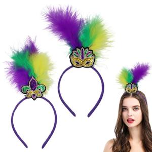 AEGYPIUS Mardi Gras Feather Headband, 2 Pcs Mardi Gras Headpiece for Women Mardi Gras Fascinator, Mardi Gras Feather Headpiece Mardi Gras Headband for Women, Mardi Gras Head Piece for Women