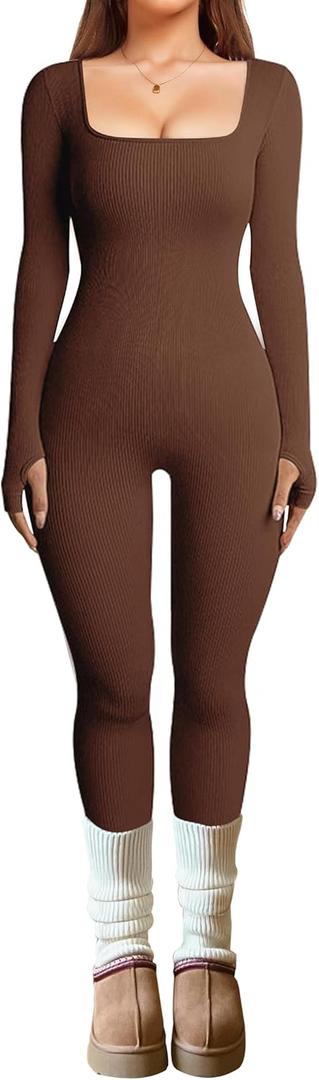 OLCHEE Womens Long Sleeve Workout Jumpsuit Square Neck Ribbed Seamless Yoga Romper Sexy Bodycon Tummy Control Unitard Onesie (Medium, Thumb Hole: Brown)