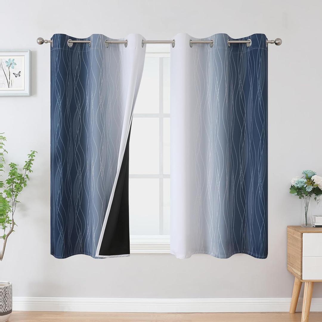 Estelar Textiler Navy Blue and Greyish White Blackout Curtains 45 Inch Length, Light Blocking Gradient Drapes for Kitchen, Thermal Insulated Grommet Ombre Curtains for Bathroom,42Wx45L,2 Panels