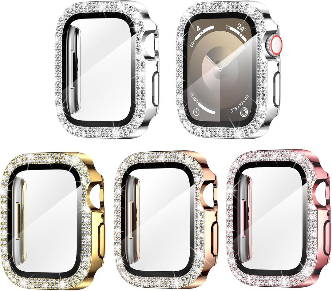 Goton 4-Pack Bling Screen Protector for Apple Watch Series 9 8 7 45mm Case, Women Glitter Diamond Rhinestone Bumper Cover for iWatch Accessories 45 mm (Silver+Gold+Rose Gold+Pink( Glass))