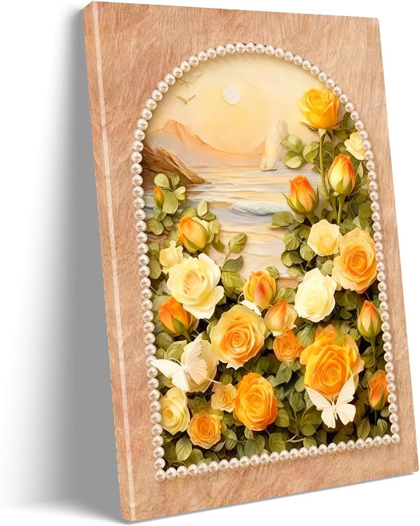 Yellow/Orange Rose Floral Canvas Wall Art Framed Warm Nature Flower Decor, 24"L x 16"W