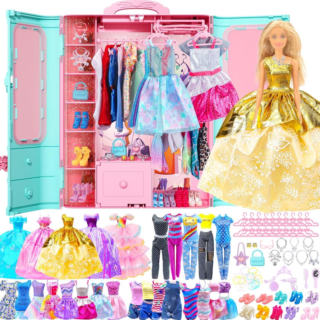 70 Pcs Doll Closet with Clothes & Accessories Set,2 Wedding Gowns 6 Fashion Dresses 2 Casual Outfits 2 Swimsuit 10 Shoes 20 Hanger 27 Accessories,Dress up Toys for Girls Kids Birthday Gift