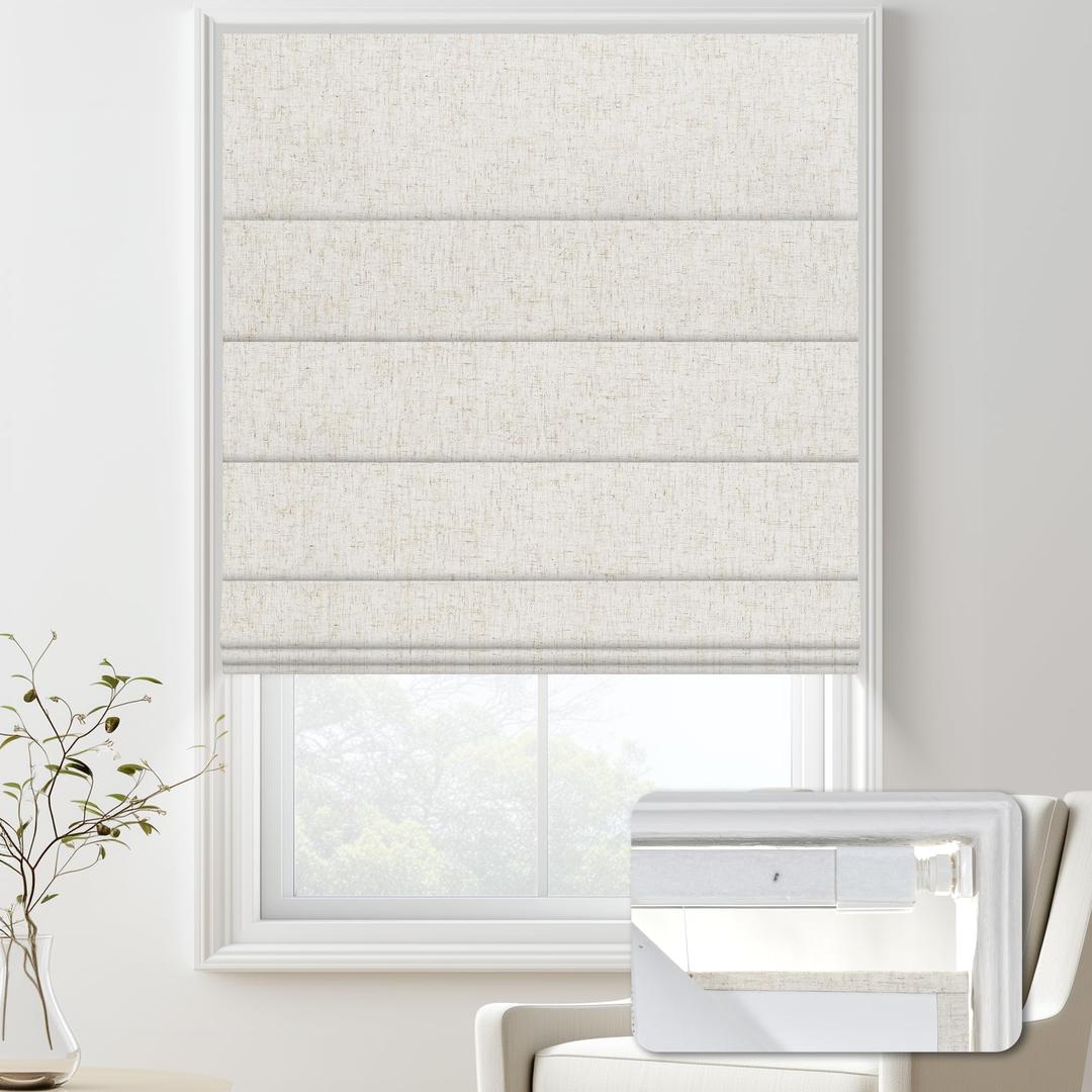 Doing-X No Drill Blackout Roman Shades for Indoor Windows,Cordless Roman Blinds,Linen No Tools Window Shades,Easy to Install Window Blinds for Home Bedroom,Blackout-Linen Beige 34.5" W x 48" H