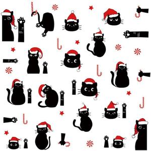 Christmas Black Cat Wall Decals Candy Cane Santa's Hat Cat Wall Stickers Window Clings for Christmas Home Decor