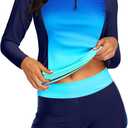 Women Long Sleeve Rash Guard - Two Piece Swimsuit with Shorts UPF 50+ Bathing Suit Built in Bra Surf Swim Shirt (Large, Blue Gradient)