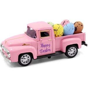 Huray Rayho Easter Truck with Eggs Metal Pink Vintage Farm Pickup Farmhouse Tabletop Tiered Tray Decor Home Kitchen Mantel Shelf Happy Spring Mini Diecast Truck Decorations