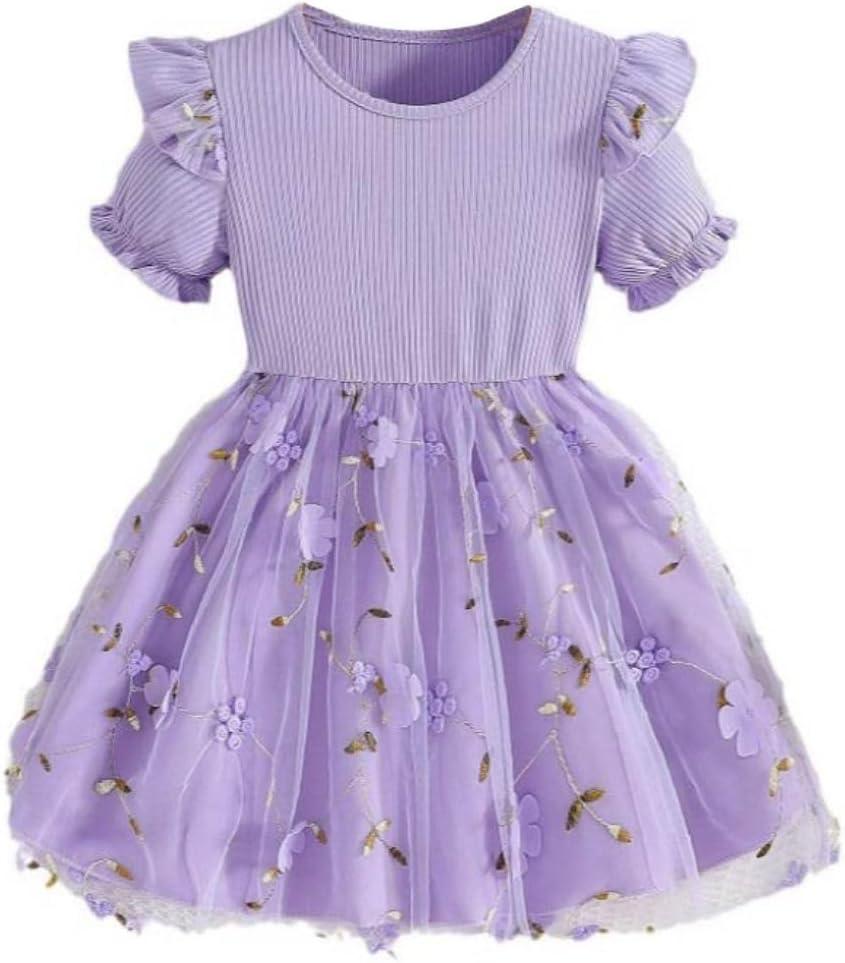 Toddler Baby Girls Tulle Tutu Dress Ruffle Short Sleeve Fluffy Dresses Cute Summer Sundress for Party Beach Casual (Purple)