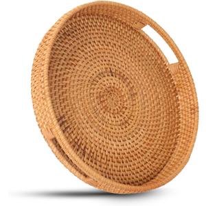 Round Rattan Serving Tray with Handles, Natural Wicker Decorative Tray for Serving, Fruit/Bread Serving Basket, Round Woven Tray14 inch, Gift Idea Choice (14") (13.9")