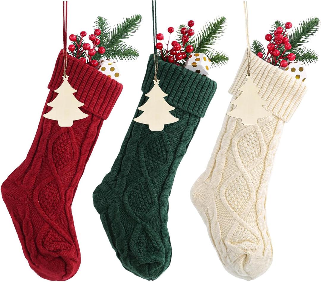 Cable Knit Christmas Stockings Set of 3, 18 Inch Large Xmas Stocking Christmas Fireplace Decorations with Name Personalized Crafts or Family Holiday Party Decor