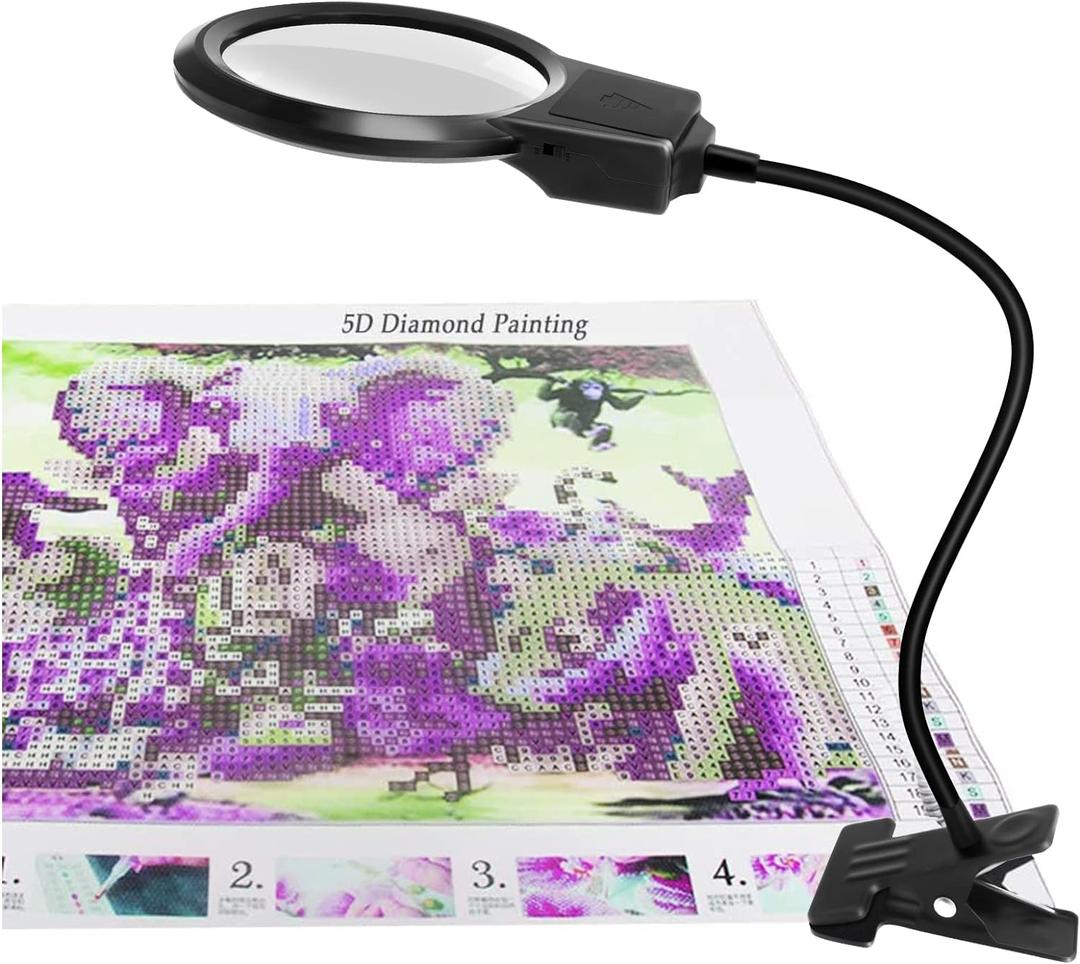 5D Diamond Painting Tools, LED Light with Magnifiers for Diamond Painting, 4X & 6X Magnifier LED Light with Clip and Flexible Neck, 5D Diamond Painting and Cross Stitch Tool Accessory Magnifier Lamp (Black)