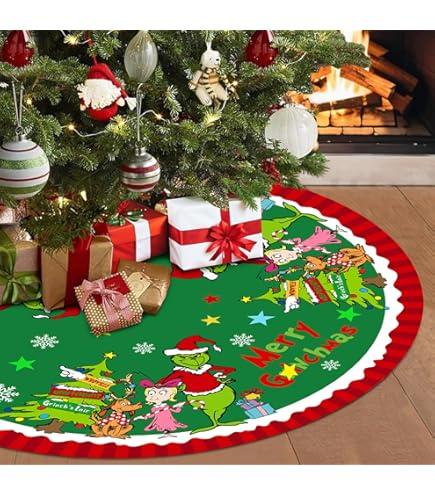 Christmas Tree Skirt Soft and Funny Red Green Trimmed Christmas Tree Collar Farmhouse Xmas Holiday Decoration 48 Inch (Green)