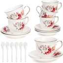 Tea Cups and Saucers Set of 6, 8 Oz Porcelain Floral Tea Cups with Gold Trim Spoon, Bone China Coffee Cup Saucer Gift Set for Cappuccino, Espresso, Latte, Cafe Mocha