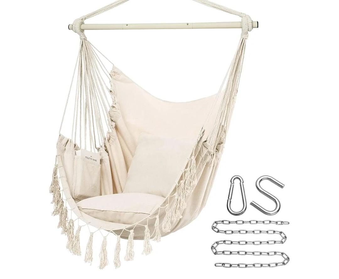 Y- STOP Hammock Chair Hanging Rope Swing, Max 500 Lbs, 2 Cushions Included, Large Macrame Hanging Chair with Pocket for Superior Comfort, with Hardware Kit (Beige)