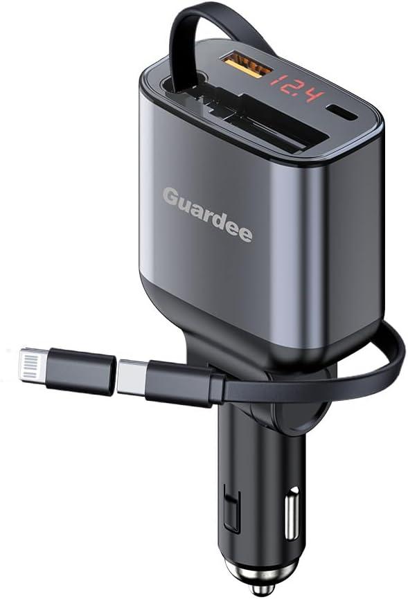 Retractable car Charger, 105W car Cigarette Lighter Adapter, 4 in 1 car Charger USB c with 45W Retractable Type c Cable for iPhone16 15 Pro/ Max/ 14/ 13, Samsung Galaxy S23/ S22, MAC