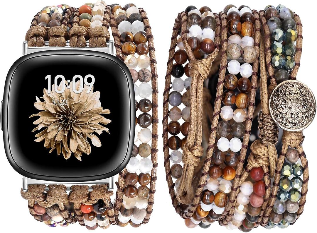 JR.DM Boho Beaded Band Women for Fitbit Versa 4/Versa 3/Sense 2/Sense Bands Natural Stone Bracelet Adjustable Handmade Braided Strap Smartwatch Replacement Wristband
