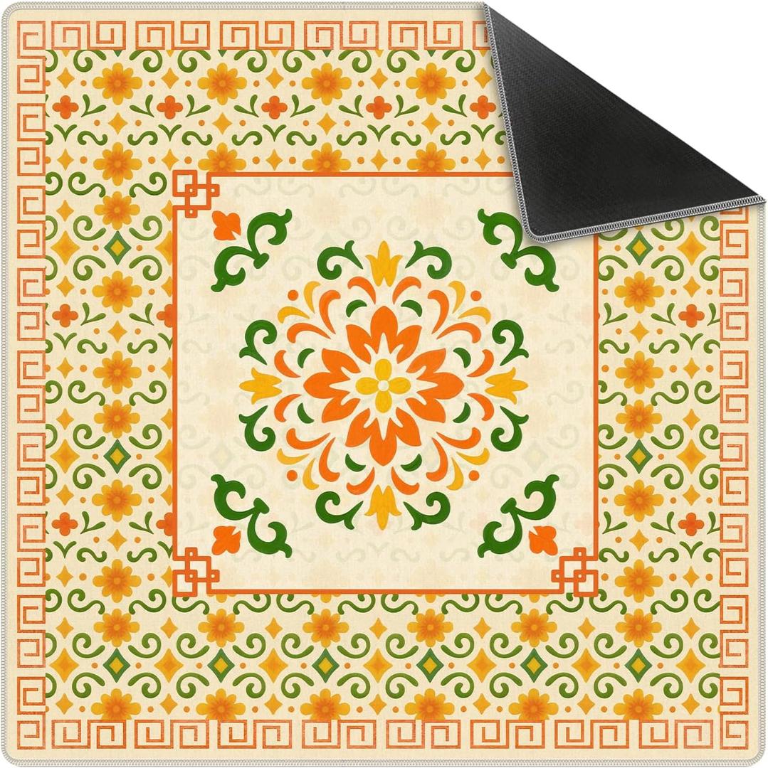 Orange Green Chinoiserie Floral Mahjong Mat 31.5 x 31.5 in, Abstract Art Chinese Non-Slip Noise Reduction Gaming Mat for Table American Mahjong Poker Board Games Card Games Dominoes, 31.5 x 31.5 x 0.12 inches