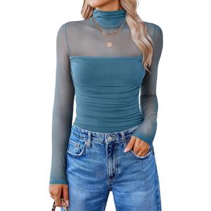 Avidlove Women Long Sleeve Bodysuit Turtle Neck Shapewear Body Suits Mesh One Piece Leotard Shirt Going Out Tops Fall Outfits (Large, Blue Green)