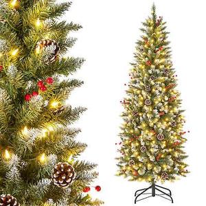 6ft Pre-lit Artificial Christmas Tree Slim Artificial Xmas Tree with 300 LED Light