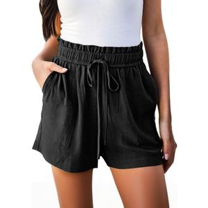 Hody Lovy Linen Beach Vacation Shorts for Women Dressy Casual Summer Outfits High Waisted Lounge Comfy Wide Leg Loose (XX-Large, Black)