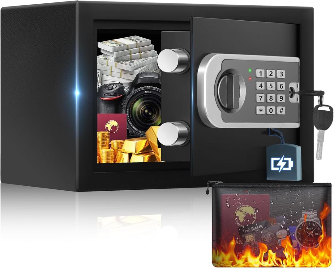 [UPGRADED] 0.35 Cuft Small Safe Box for Home, Mini Safes with Fireproof Waterproof Bag, Digital Money Safe with Programmable Keypad Spare Keys, Security Cash Box for Money Valuables