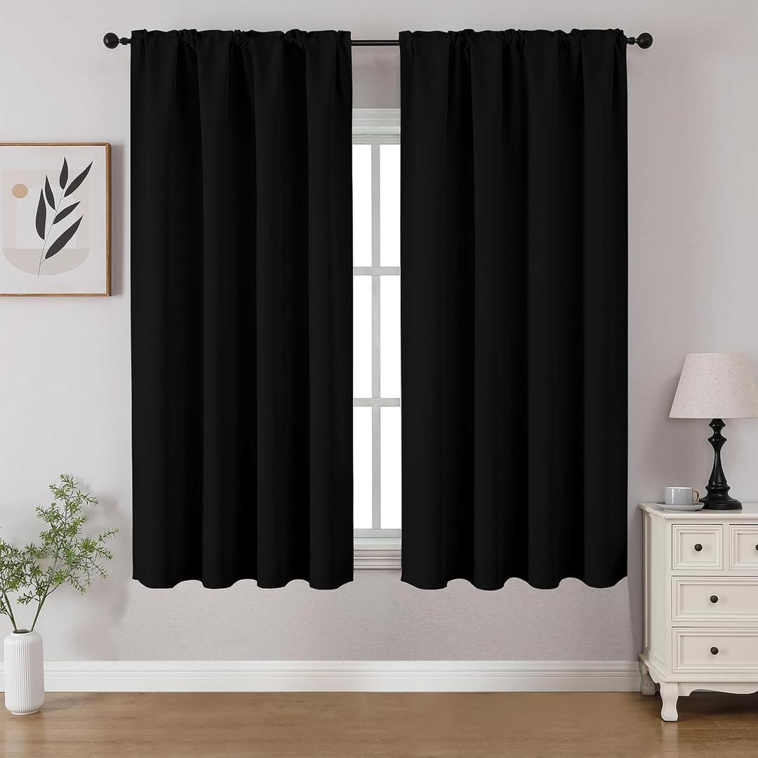CUCRAF Black Blackout Curtains 45 inch Length 2 Panels Set, Rod Pocket Room Darkening Drapes for Bedroom Living Room, Insulated Thermal Light Blocking Window Curtain (W52 x L45 Inch)