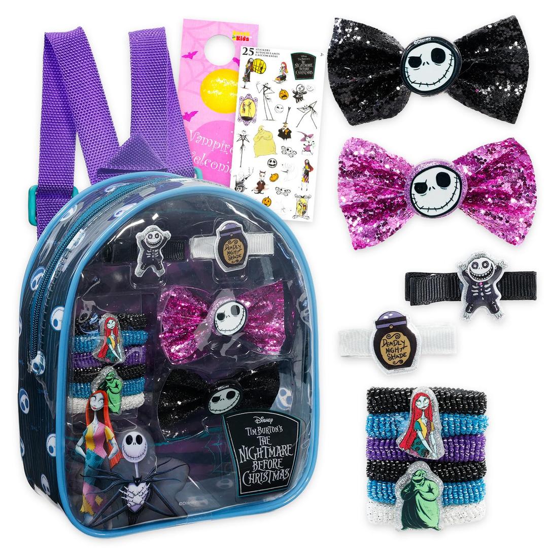 Nightmare Before Christmas Hair Accessories Set - 10 Pc Dress Up Bundle with Storage Bag, Bows, Clips, Stickers, More | Nightmare Before Christmas Hair Accessories for Girls, Kids