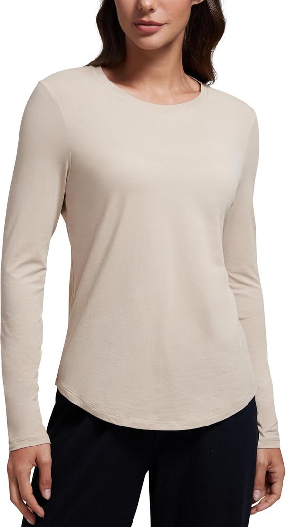 CRZ YOGA Pima Cotton Workout Long Sleeve Shirts for Women Athletic Crewneck Yoga Casual Tops Plain T-Shirt (Small)