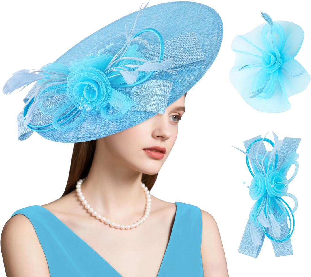 dressfan Wide Brim Fascinator Derby Hats for Women,20s Detachable Flower Hat with Headband for Derby Church Wedding Tea Party (Blue)
