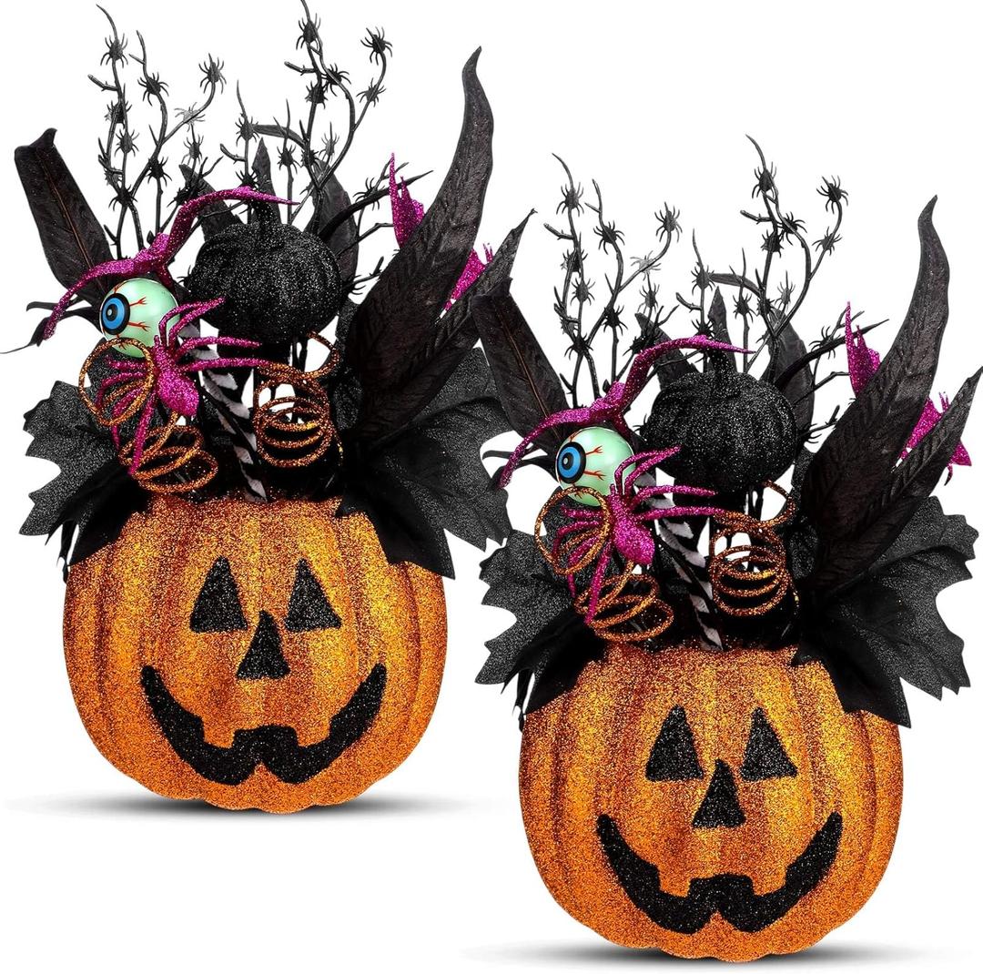Giegxin 2 Pack Halloween Table Centerpieces Decorations 14'' x 10'' Pumpkin vase with Spooky Artificial Flowers and Spider Eyeball Pumpkin Tabletop Decor for Halloween Home Indoor Outdoor Party