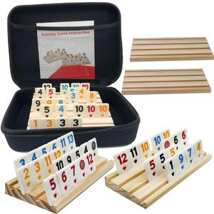 2-6 Players Rummy Game with 6 Wooden Racks/Trays, Rummy Cube with Portable Case 160 Tiles Travel Set with 6 Tiles Holders, Okey Game, Travel and Family Board Game for Adults and Kids