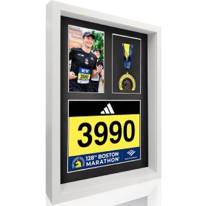 RattanView Medal Display Frame Shadow Box 3 in 1 Marathon Medal and Photo Display Frame Case 17 x 12.5 Inch Black Wood Award Storage Box for Runners, Race Bibs All Sport Winner, Military Award(White)