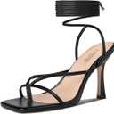 ISNOM Lace Up Heels Sandals for Women, Square Toe, Open Toe Thong, Stiletto Heels Design (8, Black)