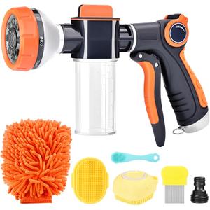 Upgrade Dog Washing Hose Attachment, 8 Way Spray Pattern Garden Hose Nozzle with Soap Dispenser, Dog Wash Supplies with 2 type Dog Bath Brush, Dog Comb and Toothbursh, Car Washing Mitt (Orange US new)