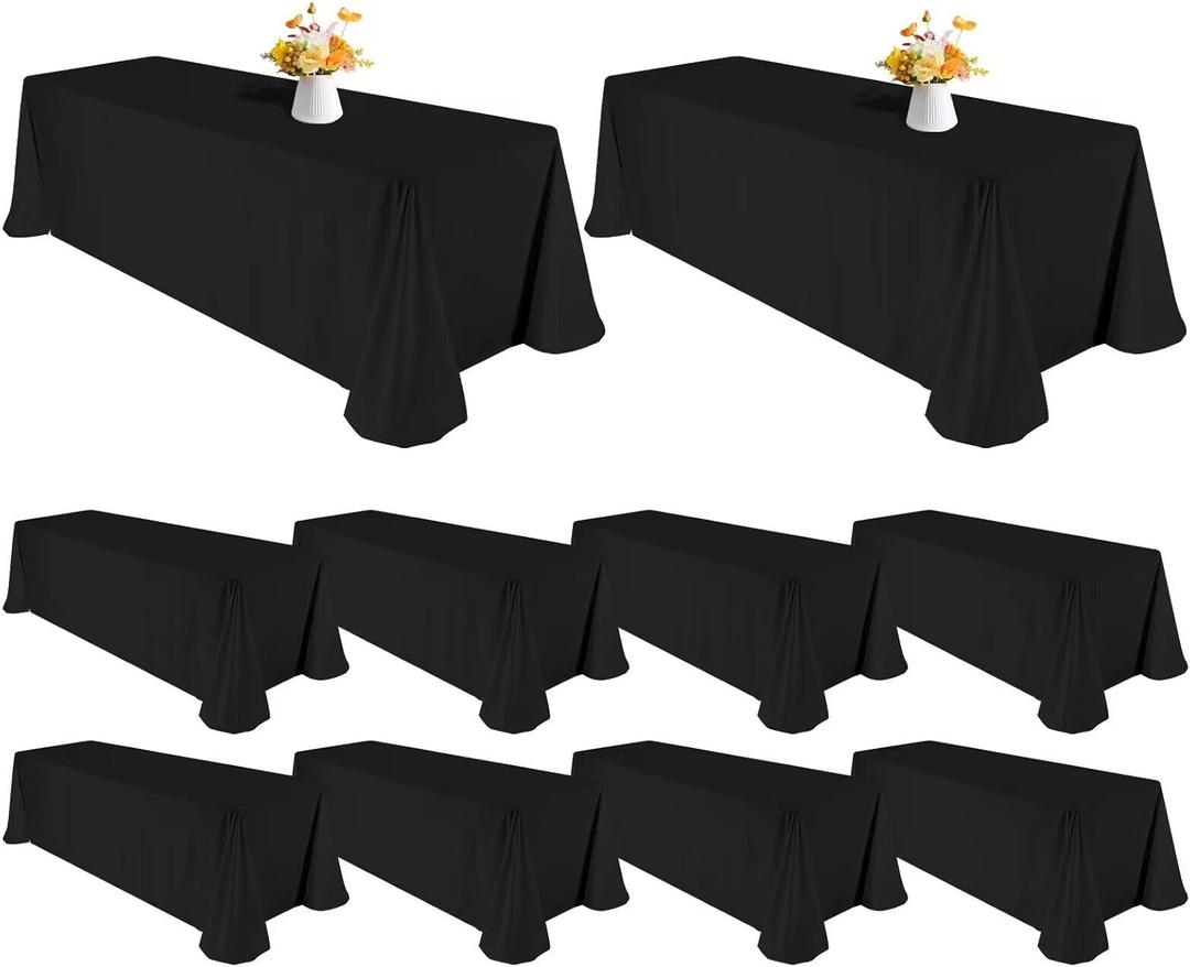 10 Pack Polyester Tablecloths, Black 90 x 156 Inch Polyester Table Cloth for 8 Foot Rectangle Tables, Stain and Wrinkle Resistant Washable Fabric Table Cover for Wedding Banquet Restaurant Party