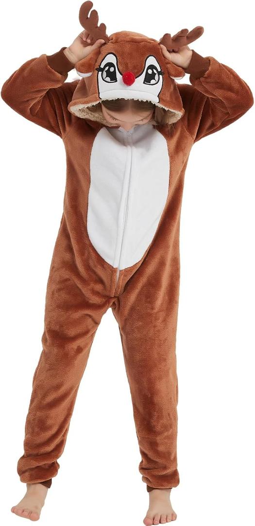 SWEETXIN Unise Kids Jumpsuit Cosplay Onesie One Piece Suit for Girls Boys Halloween Character Costume Dress Up Party (12 Years, Brown Reindeer)