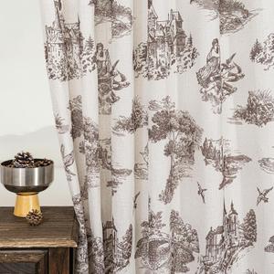 Brown Floral Linen Toile Curtains 84 Inches Long for Living Room Bedroom Toile de Jouy Printed Patterned Country Semi Sheer Curtains Back Tab Light Filtering Coffee Tan Pattern 84 Inch Window Drapes