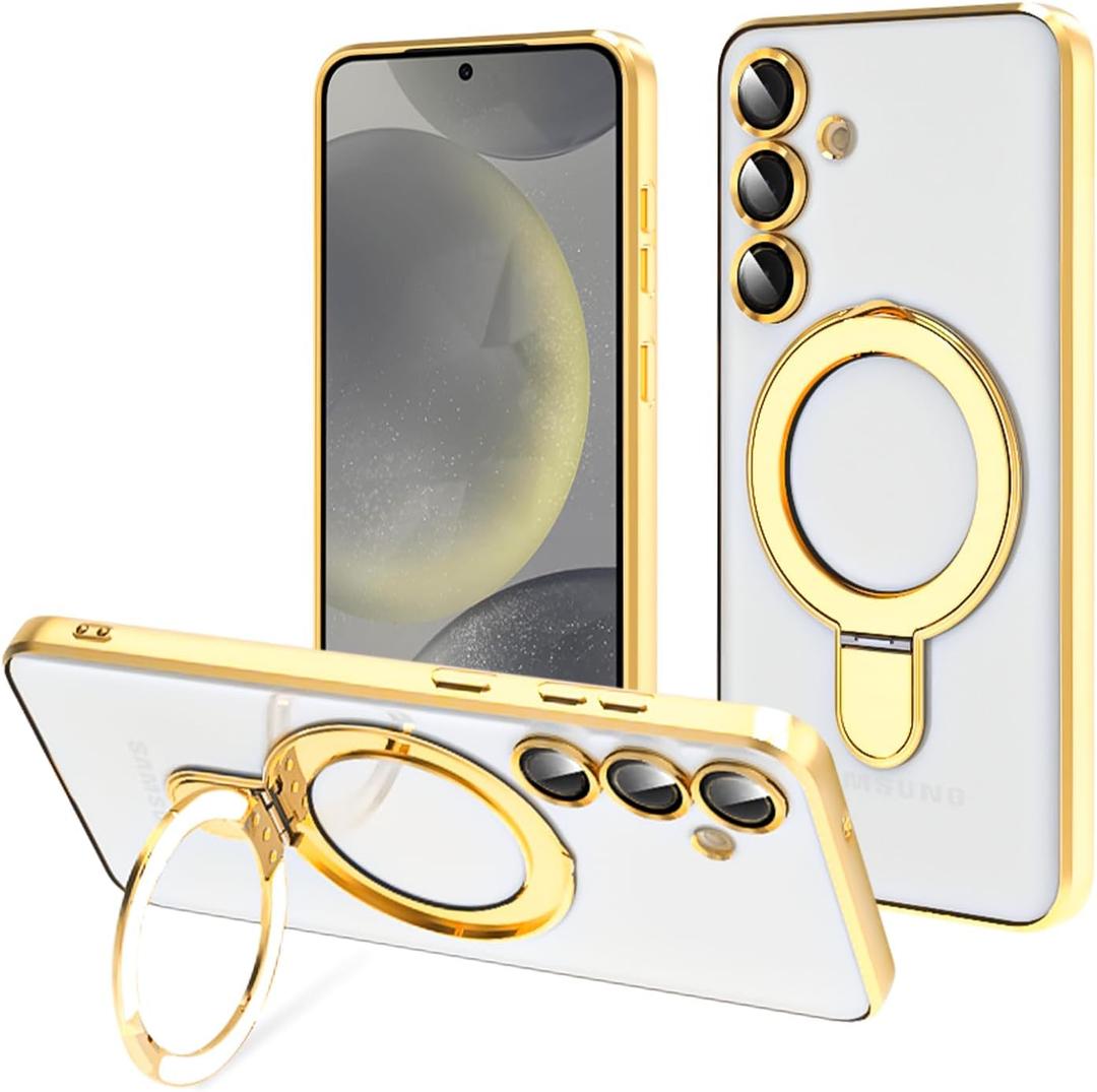 Tnarru Designed for Samsung Galaxy S25 Clear Case with Stand [Magnetic Ring Holder] [Built-in Camera Lens Protector] Slim Anti-Scratch Non-Yellowing for Samsung Galaxy S25 Case Gold