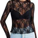 Avidlove Women's Mesh Top Long Sleeve Mock Neck Sheer Blouse See Through Floral Lace Tops (XX-Large, Black)