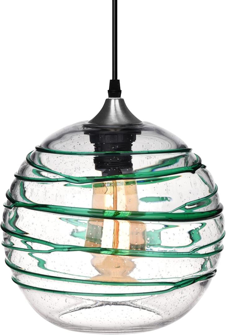 ARIAMOTION Pendant Lights Kitchen Island Glass Coastal Lighting Green Stripe Seeded Modern Style Light Fixtures Beach House Dinning Room Table Hand Blown Art Globe Lamp 9 Inch Diameter
